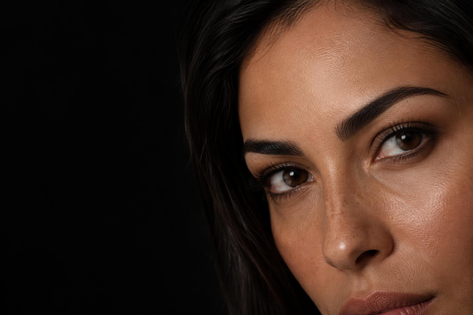 Retrato editorial ilustrativo com sobrancelhas naturais e definidas